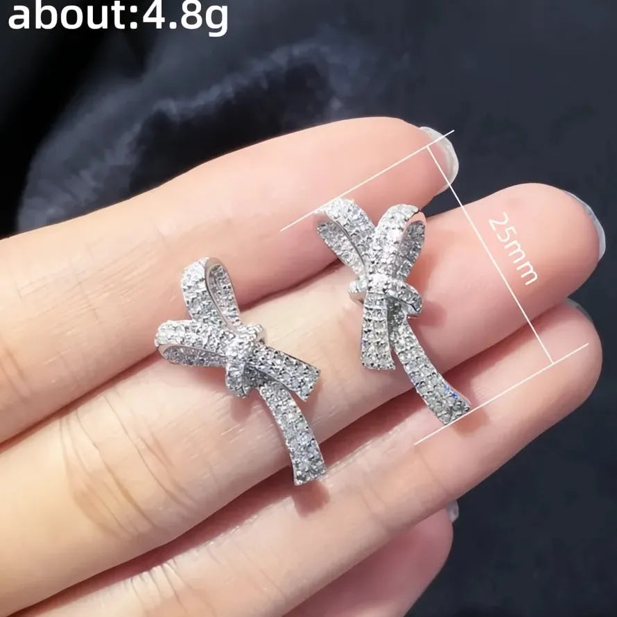 Luxury Geometric Cubic Zirconia Bow Stud Earrings Copper Alloy Women