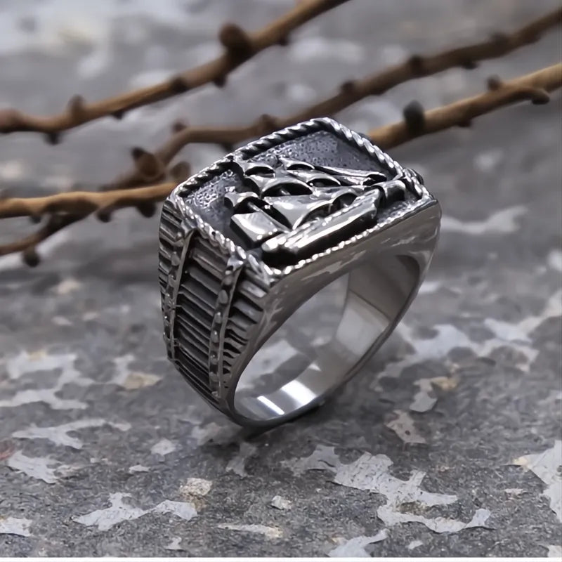 Men's Viking Pirate Sailboat Ring Stainless Steel Biker Gothic Lucky Amulet Jewelry Vintage