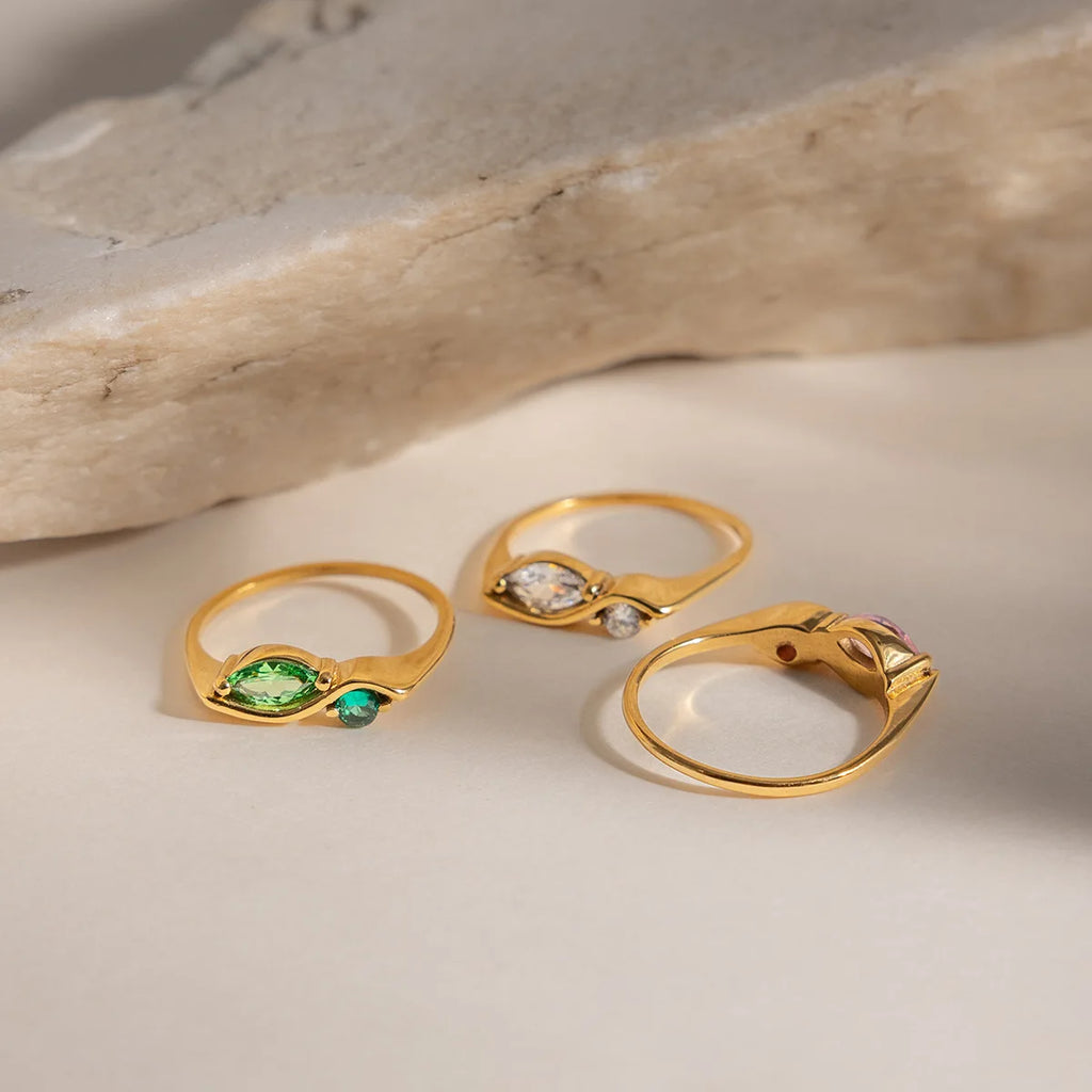 18k Gold Plated Marquise Two Stone Ring Thin Band Zircon Engagement Gift