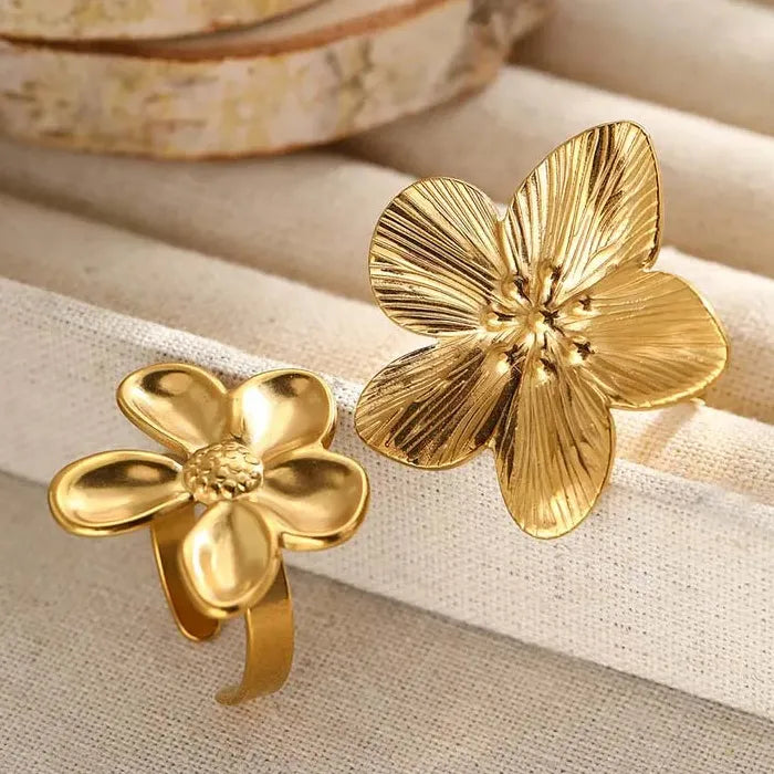 Adjustable Stainless Steel Flower Rings Set for Women Gold Tone Jewelry