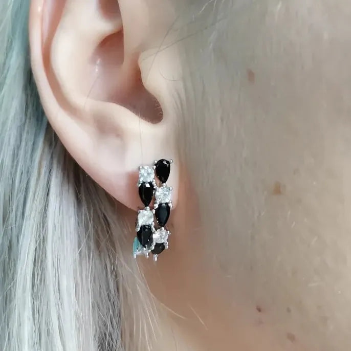 Geometric Black & White Cubic Zirconia Hoop Earrings in Copper Alloy