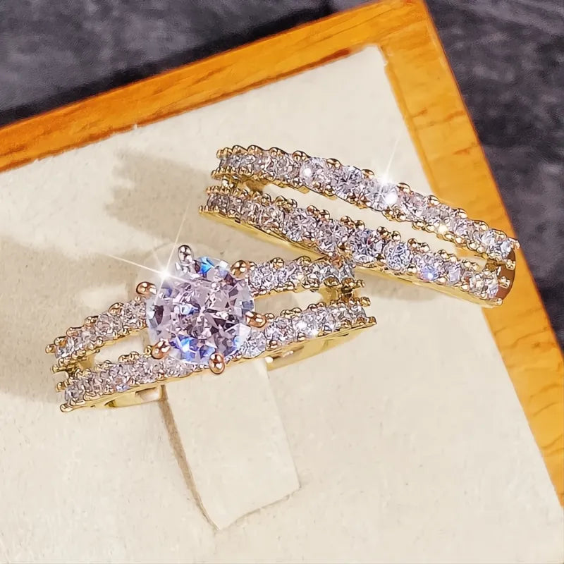 Trendy Hollow Set Rings 2Pcs Full Bling Iced Out CZ Stone Luxury Women Wedding Engagement Jewelry