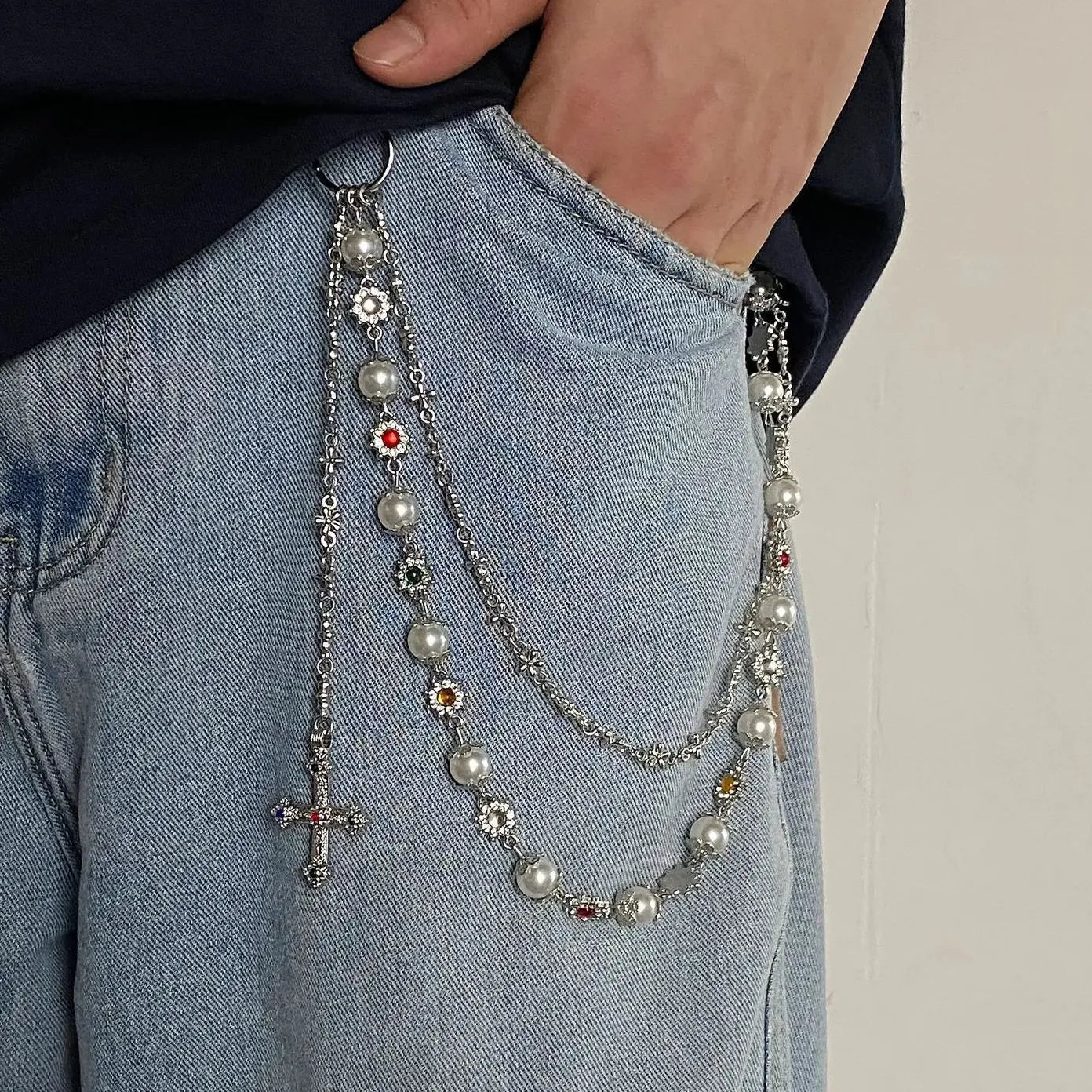 Punk Gothic Zinc Alloy Cross Pendant Multi-Layer Pearl Waist Chain Jewelry