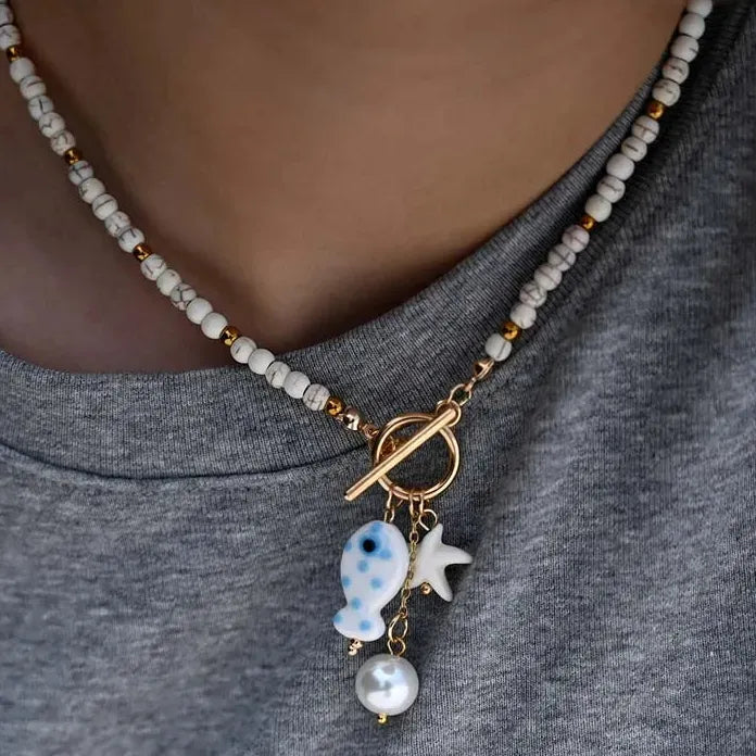 Ceramic Fish Pendant Necklace for Women Girls Bohemian Colorful Beaded Chain Jewelry