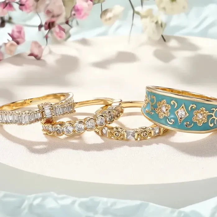 Boho 4-Pcs Women’s Gold Rings Set with Blue Enamel Flower & CZ