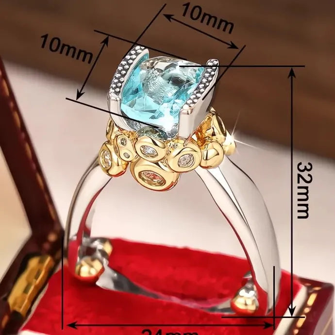Two Tone Brass Women’s Geometric Ring with Blue CZ Wedding Party Jewelry