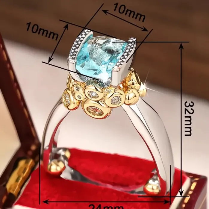 Geometric Brass Ring with Light Blue Cubic Zirconia for Women Party Jewelry