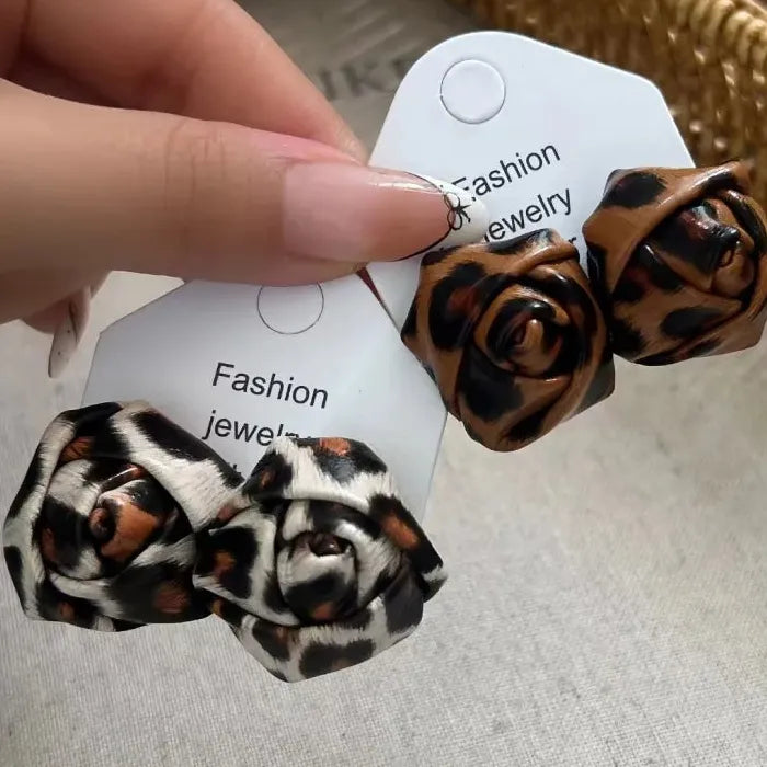 Leopard Print Leather Flower Stud Earrings Retro Geometric Gift Women