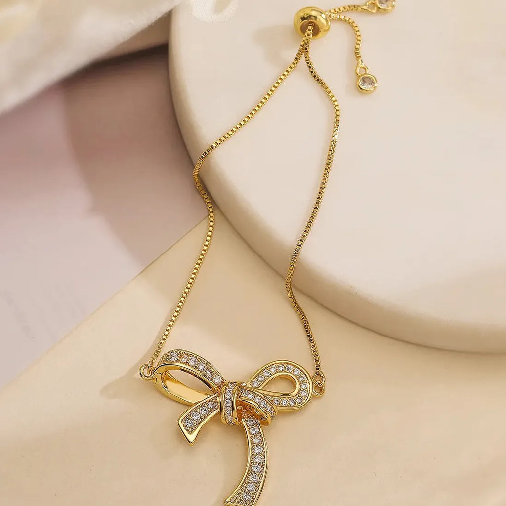 Adjustable Stainless Steel CZ Zircon Bowknot Bracelet for Women Girls Gift Jewelry