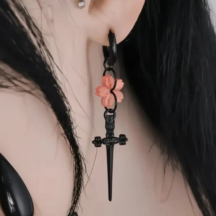 Punk Black Sakura Blade Small Hoop Earrings Gothic Cherry Blossom Jewelry