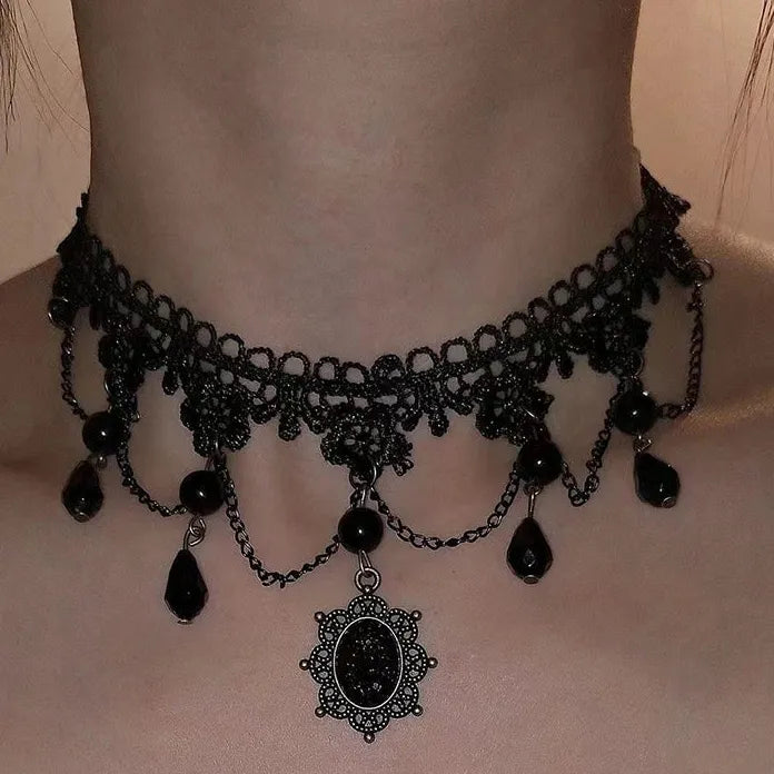 Black Lace Crystal Pendant Necklace Gothic Punk for Women Teens Gift