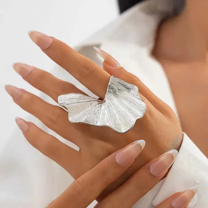 Gold Irregular Fold Leaf Texture Fashion Rings for Women Stylish Jewelry