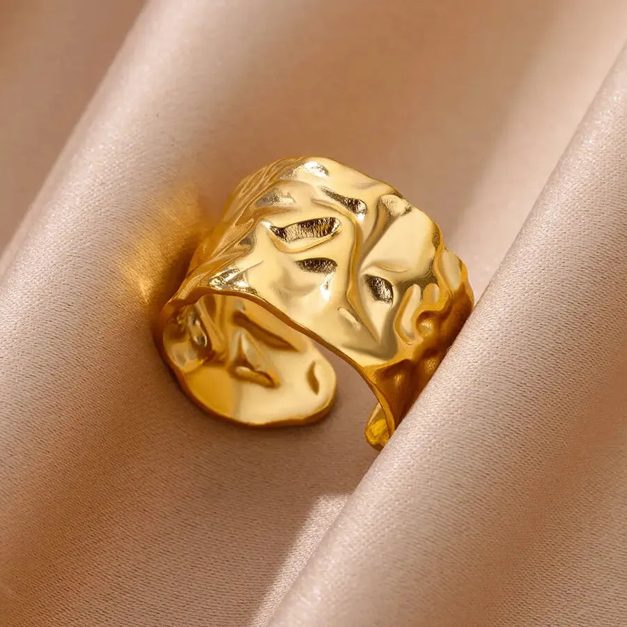 Gold Stainless Steel Irregular Geometric Chunky Wedding Band Ring for Women