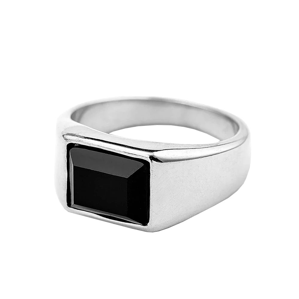Punk Vintage Black Gemstone Ring Stainless Steel Biker Jewelry for Men Women
