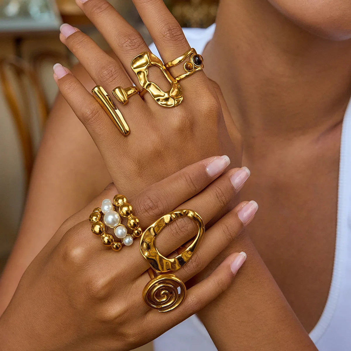 18k Gold Plated Stainless Steel Oversize Hollow Geometric Spiral Pearl Ring for Women