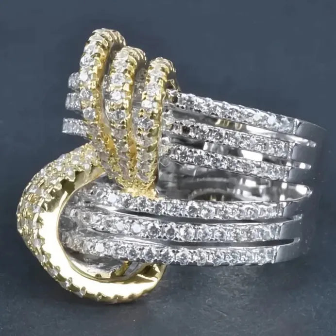 Elegant Two-Tone Geometric Finger Ring with Cubic Zirconia for Women