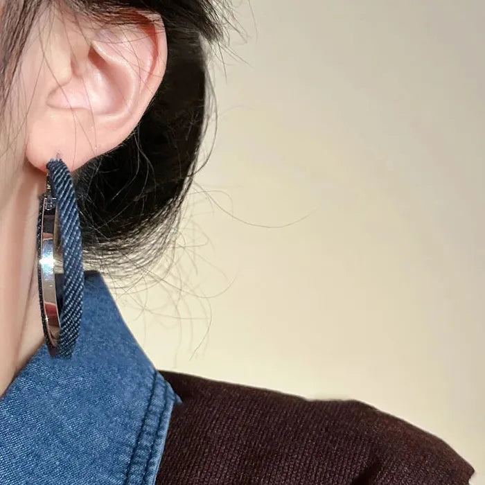 Vintage Blue Denim Zinc Alloy Round Hoop Earrings for Women Gift