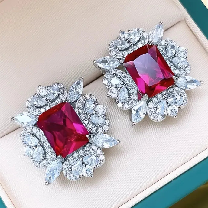 Copper Alloy Red Green Cubic Zirconia Geometric Stud Earrings for Women Wedding Jewelry