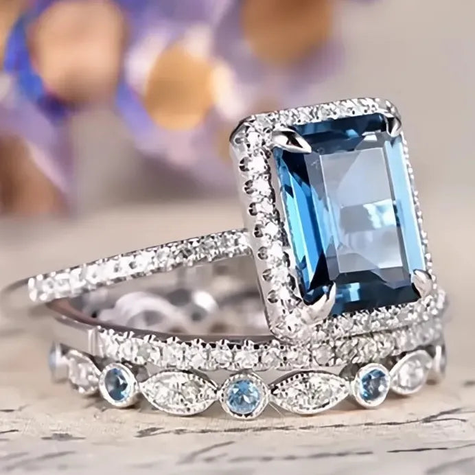 3Pcs Blue Cubic Zirconia Rings Set for Women Luxury Anniversary Jewelry