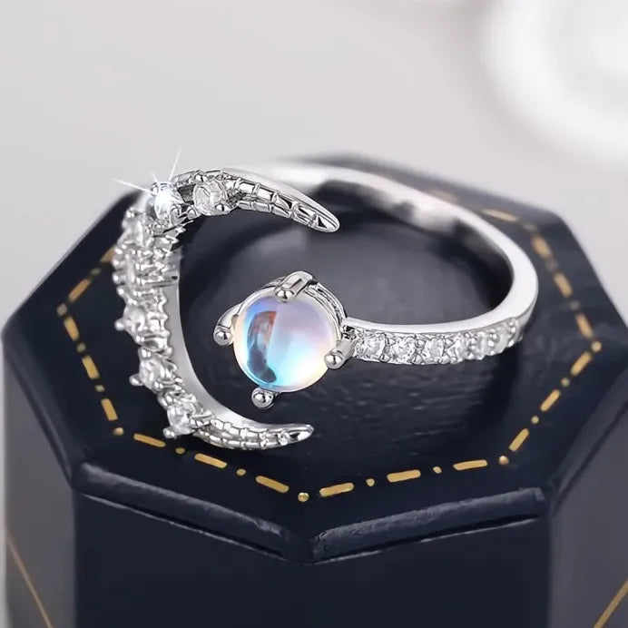 Delicate Adjustable Moon Ring with Simulated Opal & Cubic Zirconia Sparkle