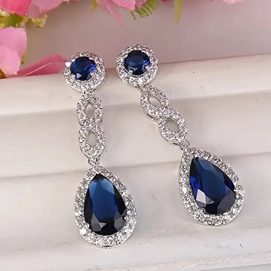 Blue Cubic Zirconia Geometric Drop Earrings for Women Brass Wedding Bride Jewelry