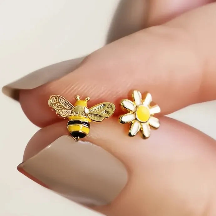 Yellow Bee and Flower Enamel Copper Alloy Stud Earrings Cute Gift Jewelry