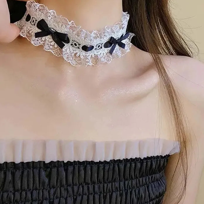 Elegant White Lace Bowknot Cotton Choker Necklace for Women Girls Jewelry