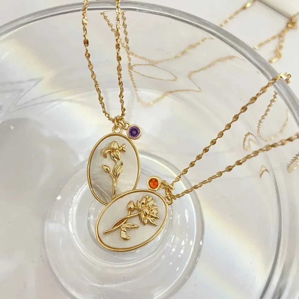 12 Month Birthday Flower Pendant Necklace Stainless Steel White Shell Choker Jewelry