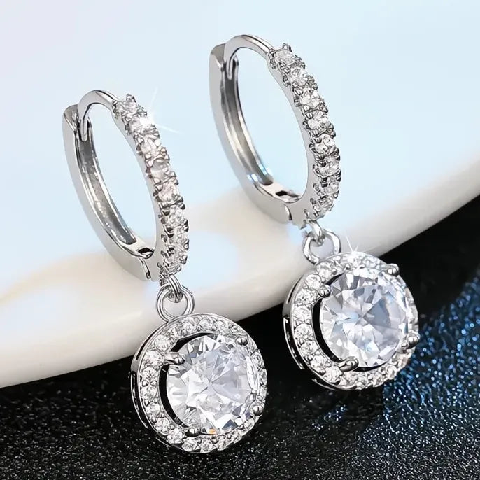 Silver Geometric Drop Earrings with Sparkling Cubic Zirconia for Women
