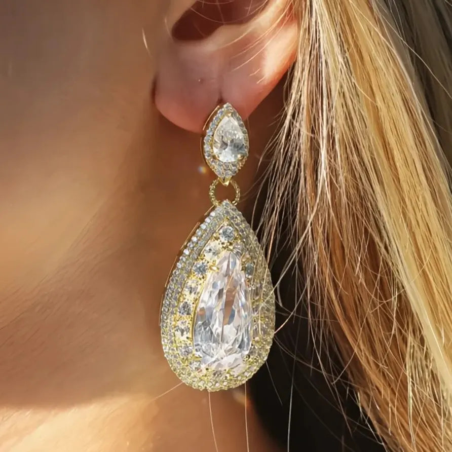 Gold Water Drop Dangle Earrings with Sparkling Cubic Zirconia for Women