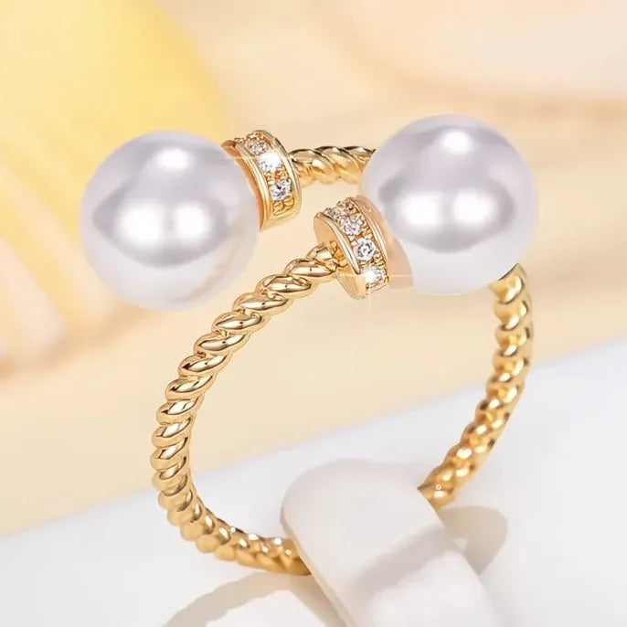 Temperament Double Imitation Pearl Twist Open Ring Gold Color Band Women’s Wedding Fashion Jewelry 2023