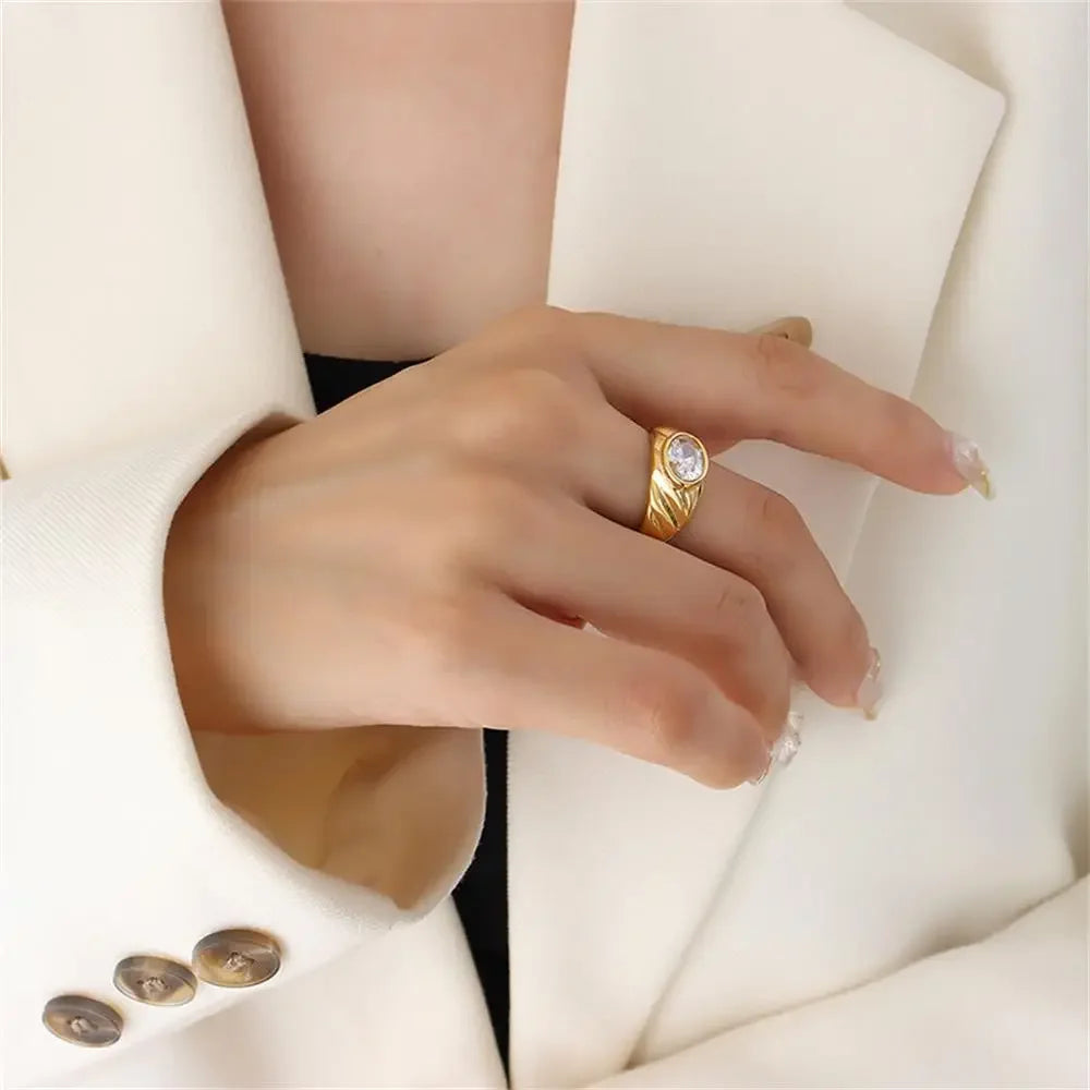 18K Gold Plated Multicolor Oval Crystal Ring for Women Hypoallergenic CZ Zircon Jewelry