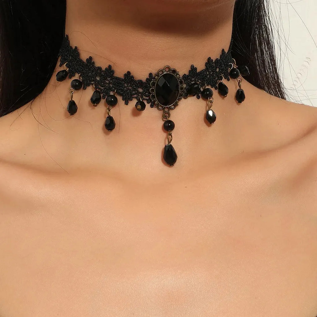 Black Lace Gothic Choker with Crystal Circle Pendant for Women