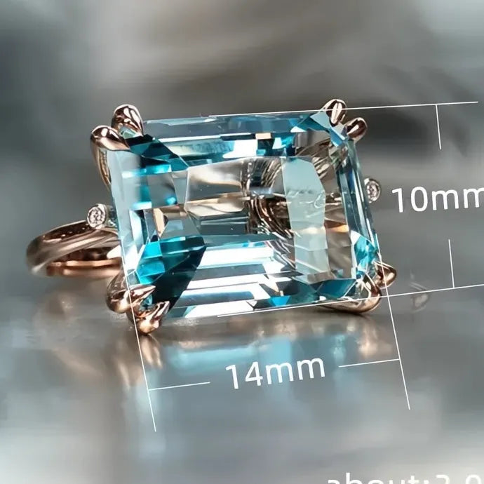 Rose Gold 4 Claw Sky Blue Rectangular Cubic Zirconia Geometric Ring