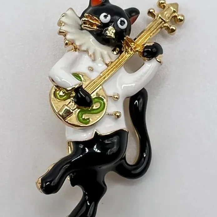 Vintage Cat Animal Brooch Musical Instrument Pin Trendy Jewelry for Women