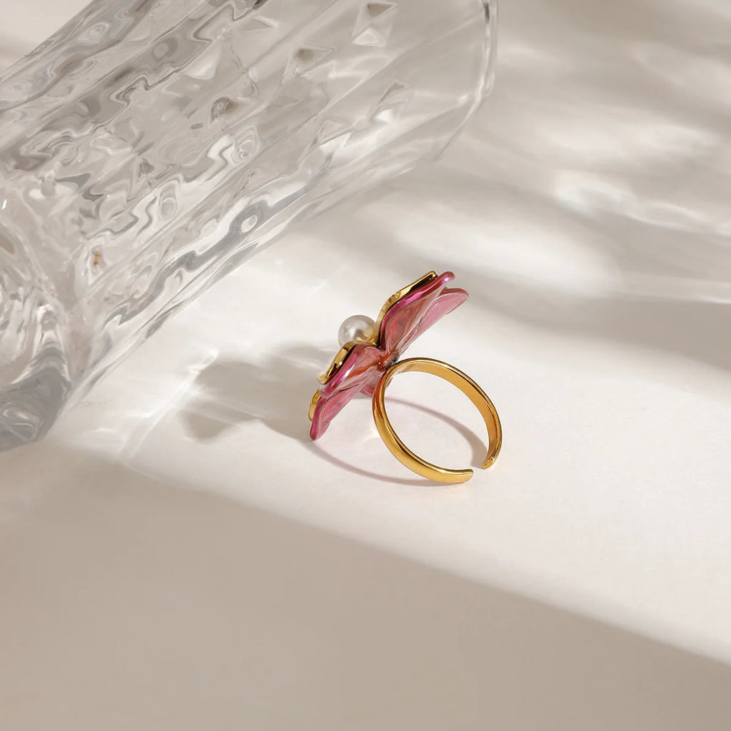 18K Gold Plated Two-Color Flower Pearl Open Ring Stainless Steel Stackable Jewelry