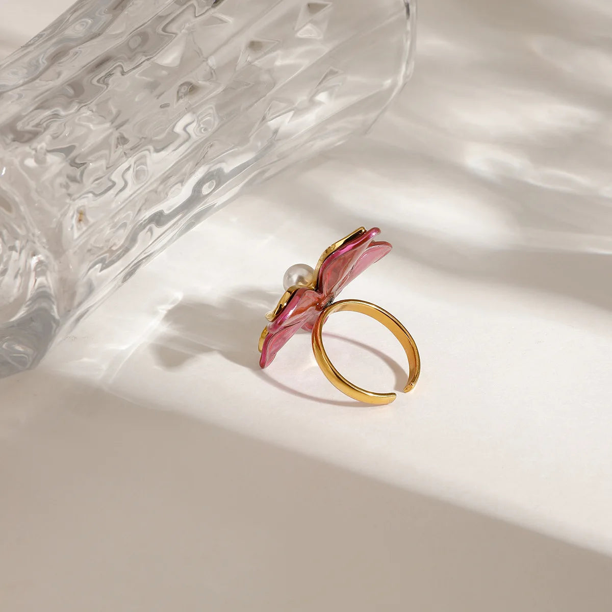 18K Gold Plated Two-Color Flower Pearl Open Ring Stainless Steel Stackable Jewelry