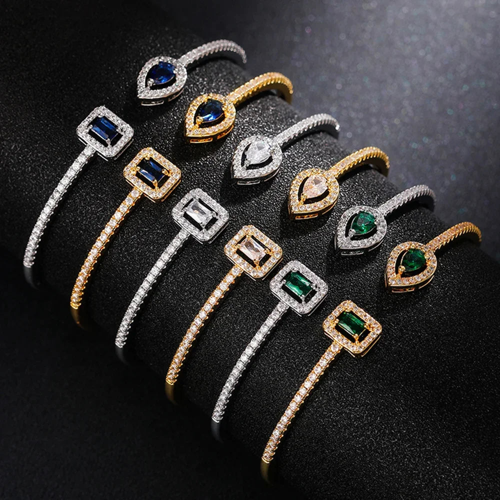 Adjustable Luxury Green White Blue Cubic Zirconia Cuff Bracelet Women