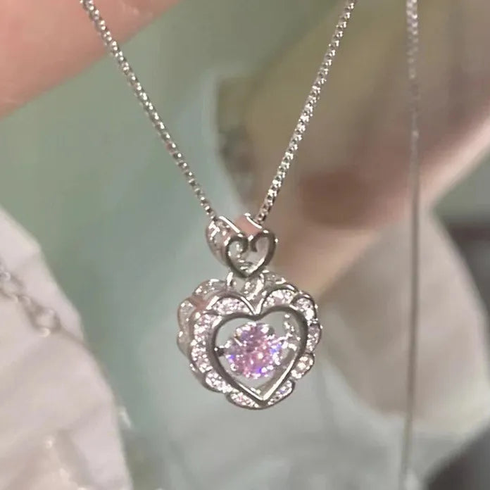 Y2K Pink Zircon Heart Pendant Necklace for Women Zinc Alloy Gift