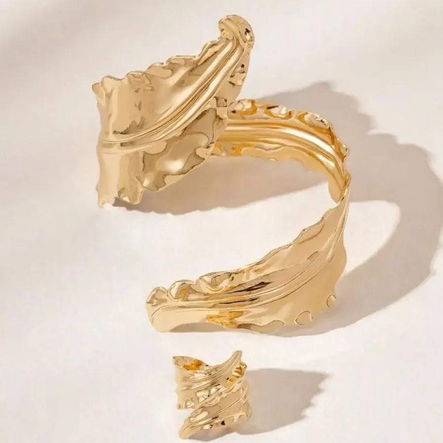 2PCS Vintage Leaf Bracelet & Adjustable Ring Set for Women Jewelry Gift