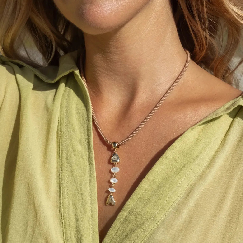 18k Gold Plated Stainless Steel Fishbone Pendant Necklace Featuring White Opal Charm for Women