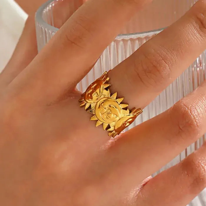 Gold Stainless Steel Geometric Sunflower Opening Ring for Women Men Jewelry