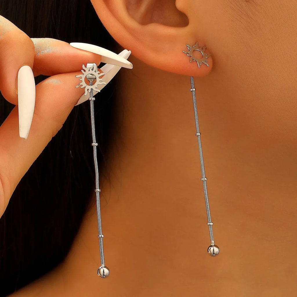 Retro Small Sunflower Copper Tassel Drop Earrings for Women Ethnic Jewelry