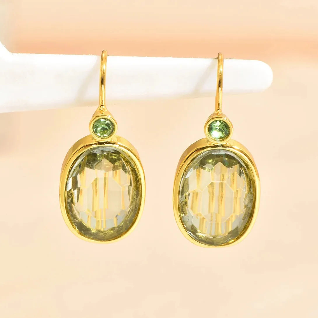 Creative Gold Oval Green Stone Drop Earrings for Women Zinc Alloy Jewelry Gift