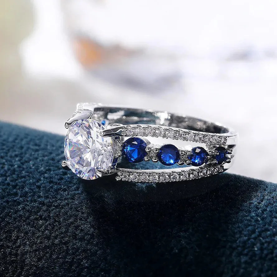 Sapphire Blue Zircon Hollow Out Ring for Women Zinc Alloy Engagement Jewelry