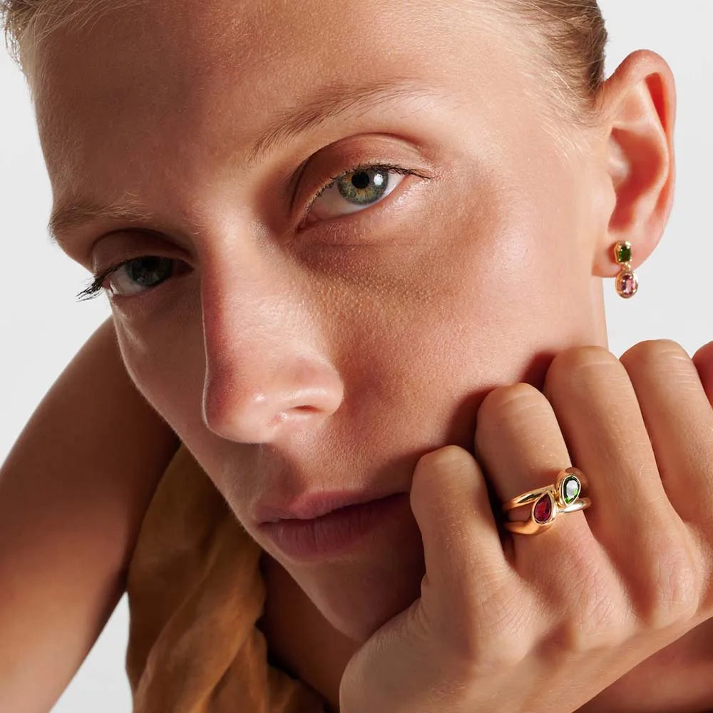 18K Gold Plated Double Circle Ring with Green Zircon Water Droplet for Women