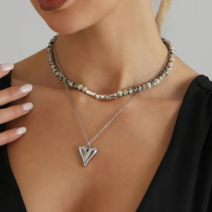 Speckled Stone Heart Pendant Necklace & Drop Earrings Set for Women