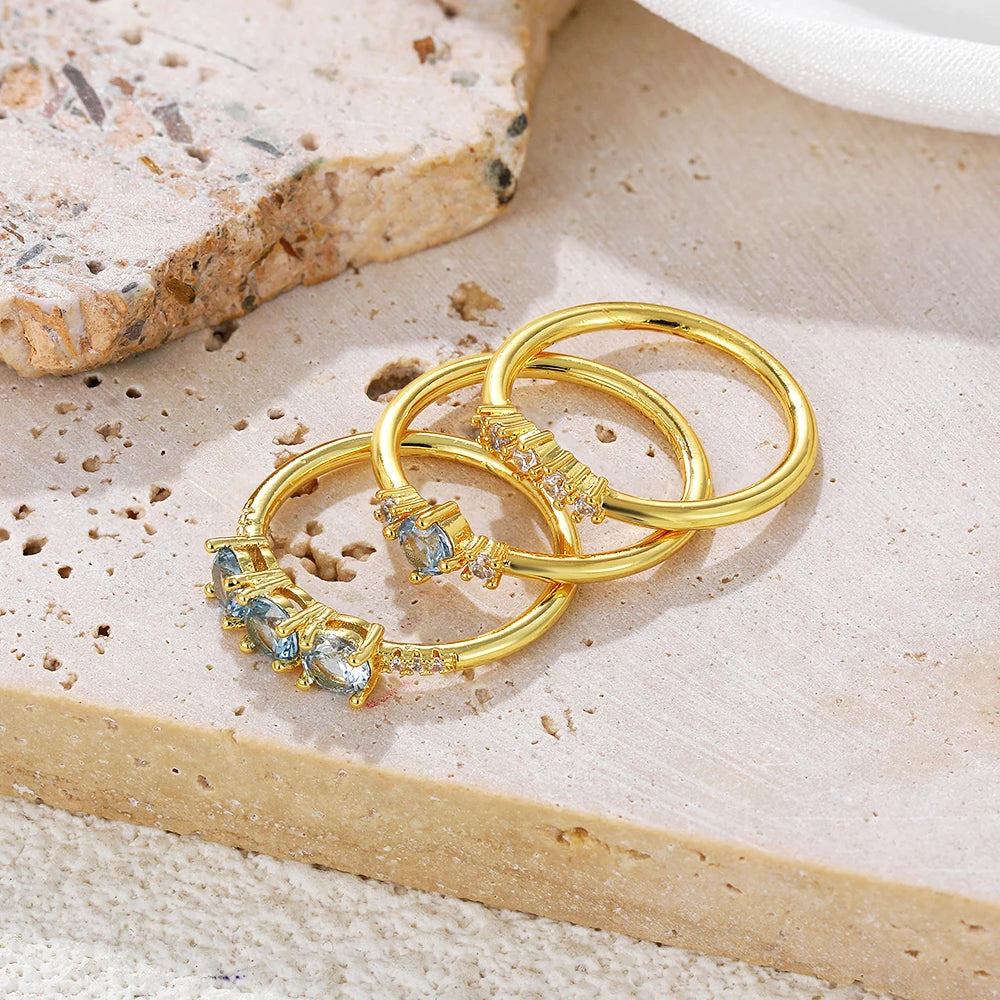 3 Pair Gold Plated Blue Crystal Zircon Rings Bride Wedding Jewelry Accessories
