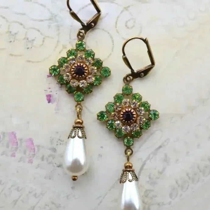 Gold Color Drop Earrings with White Red Green Stones & Imitation Pearls for Women