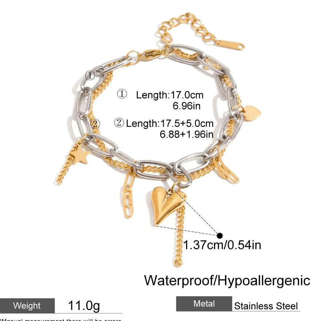 Adjustable Stainless Steel Two Tone Heart Tassel Chain Bracelet Vintage Jewelry